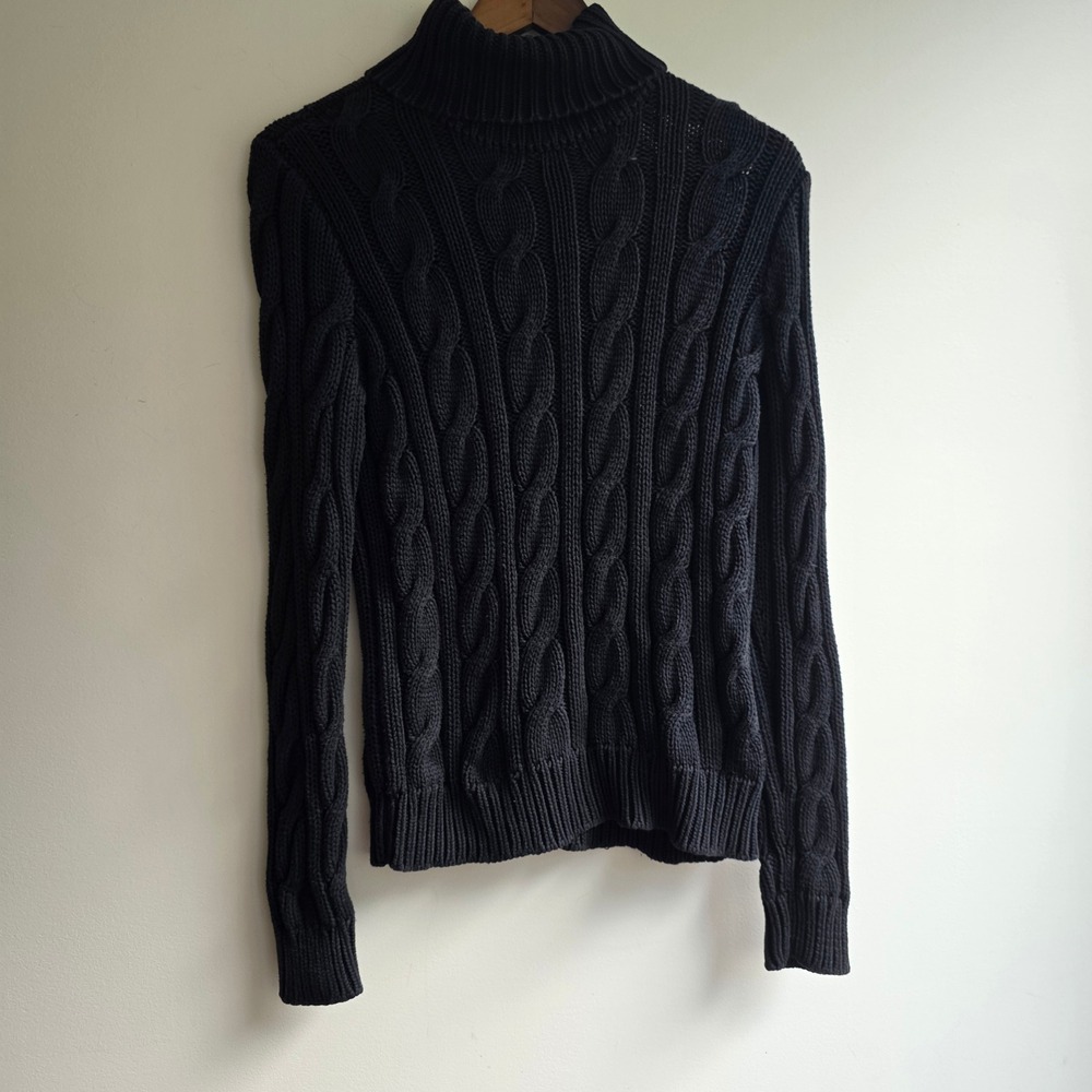 Lauren Ralph Lauren Black Cable Knit Turtleneck Sweater 100% Cotton Womens L